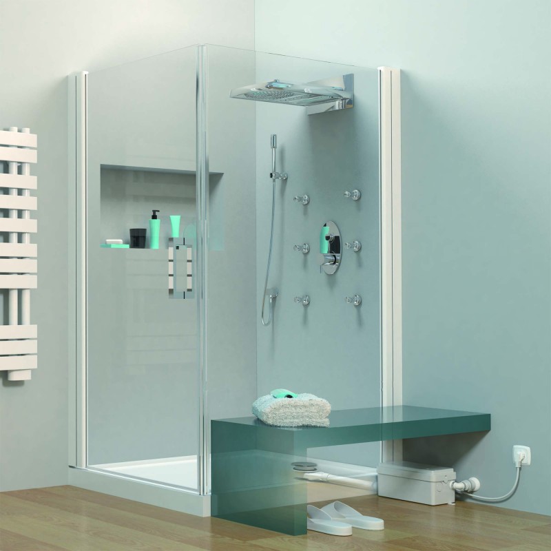 SFA sanibroyeur Sanidouche flat pompe de douche dans salle de bains SFA sanibroyeur Sanidouche flat pompe de douche dans salle de bains